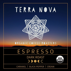 Terra Nova's organic espresso is rich and creamy with a smooth, toasted flavor and full mouthfeel. Perfect for espresso or as a bold coffee. This dark roast has tasting notes of caramel, black pepper, and cream. 