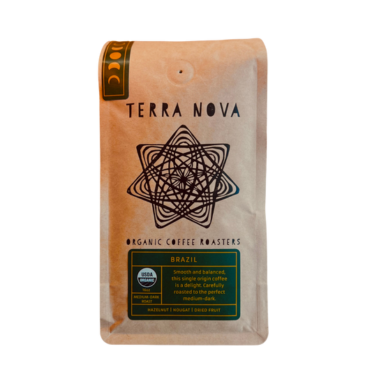 Terra Nova organic coffee roasters package on a white background