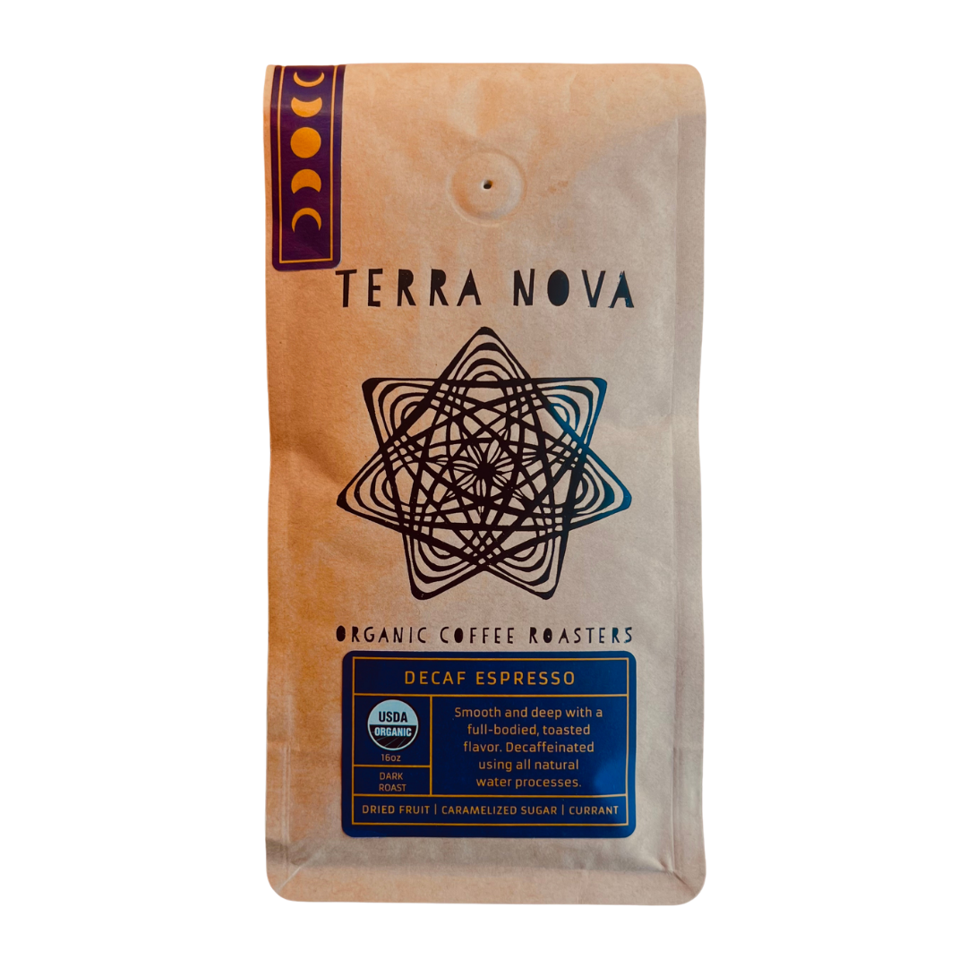 Terra Nova Organic Coffee Roasters decaf espresso coffee bag on a white background