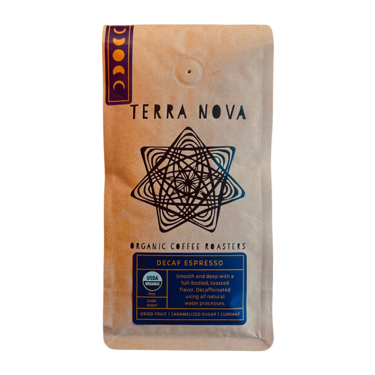 Terra Nova Organic Coffee Roasters decaf espresso coffee bag on a white background