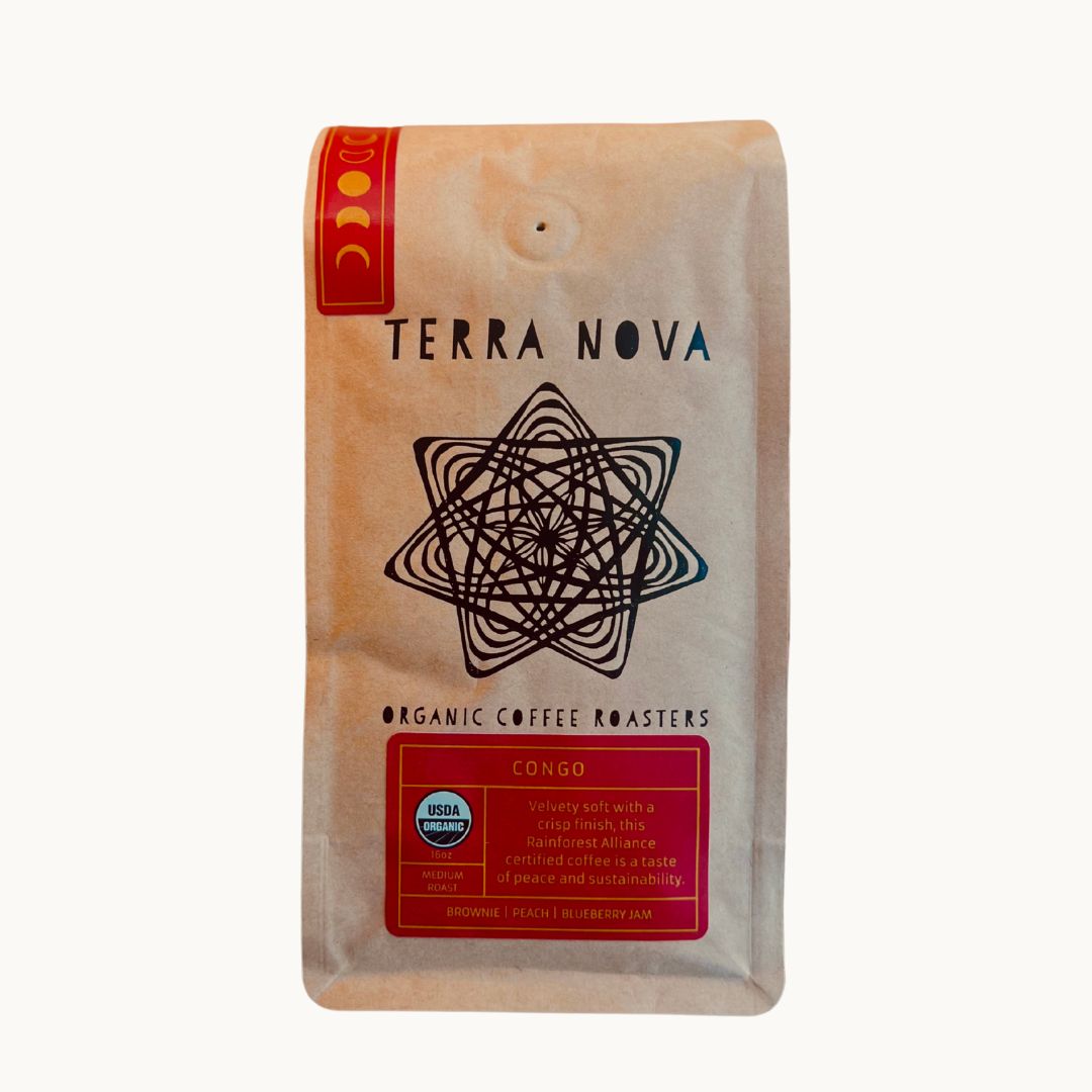 Organic fair trade Congo coffee. This complex brew is bright and crisp, and at the same time, soft and smooth. 
