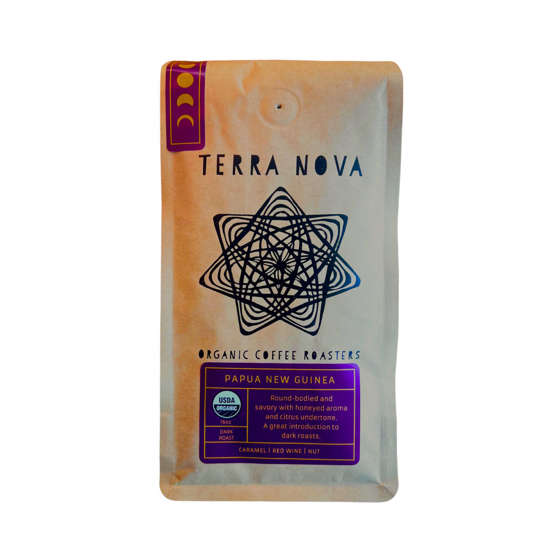Terra Nova Organic Coffee Roasters package on a transparent background