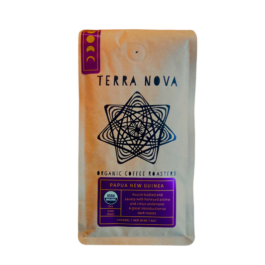Terra Nova Organic Coffee Roasters package on a transparent background