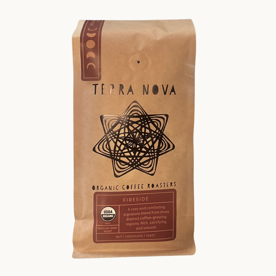 Terra Nova Organic Coffee Roasters organic fireside coffee bag on a white background