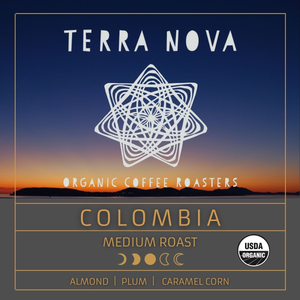 Terra Nova's organic single-origin coffee from Colombia. Smooth and delicate-bodied with a mild yet rich flavor. An exceptional cup and a clean, sweet aftertaste. This medium roast has tasting notes of almond, plum, and caramel corn. 