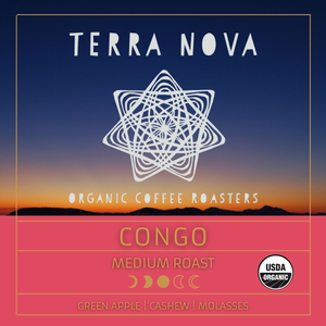 Terra Nova's organic coffee from Congo is a very special coffee. Velvety soft with a crisp finish, this female-farmed, fairly traded coffee is a taste of peace and sustainability. A medium roast with notes of green apple, cashew, and molasses.