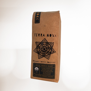 Terra Nova's organic Decaf French Roast. A smoky and flavorful dark roast that's bold and satisfying. Decaffeinated using all natural water processes. This darkest roast has tasting notes of black pepper, cinnamon, and chocolate. 