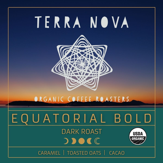 Terra Nova's organic Equatorial Bold coffee is distinctly robust and slightly smoky with mild acidity, satisfying aromas, and a smooth mouthfeel. This dark roast has tasting notes of caramel, toasted oats, and cacao. 