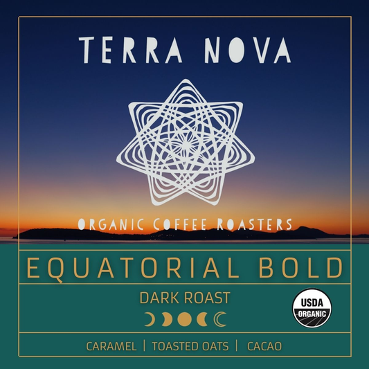 Terra Nova's organic Equatorial Bold coffee is distinctly robust and slightly smoky with mild acidity, satisfying aromas, and a smooth mouthfeel. This dark roast has tasting notes of caramel, toasted oats, and cacao. 