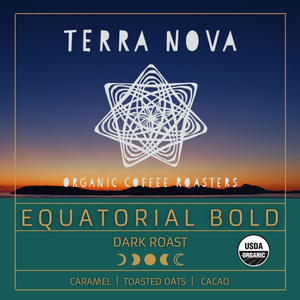 Terra Nova's organic Equatorial Bold coffee is distinctly robust and slightly smoky with mild acidity, satisfying aromas, and a smooth mouthfeel. This dark roast has tasting notes of caramel, toasted oats, and cacao. 