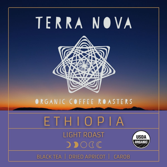 Terra Nova's organic coffee from Ethiopia. Bright, clean, and full-bodied with floral and citrus notes. Ethiopia is the birthplace of coffee, and the cream of the crop. This light roast has tasting notes of black tea, dried apricot, and carob. 