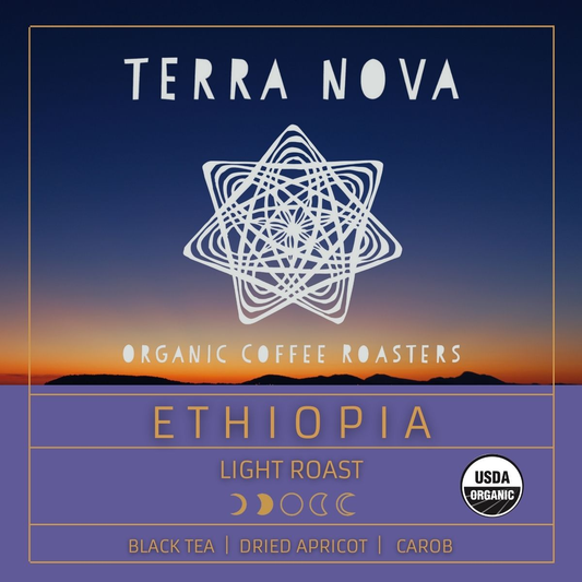 Terra Nova's organic coffee from Ethiopia. Bright, clean, and full-bodied with floral and citrus notes. Ethiopia is the birthplace of coffee, and the cream of the crop. This light roast has tasting notes of black tea, dried apricot, and carob. 