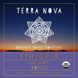Terra Nova's organic coffee from Ethiopia. Bright, clean, and full-bodied with floral and citrus notes. Ethiopia is the birthplace of coffee, and the cream of the crop. This light roast has tasting notes of black tea, dried apricot, and carob. 
