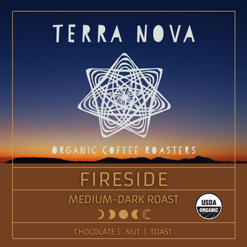 Terra Nova's organic Fireside is our signature seasonal blend. A cozy and comforting seasonal blend from three distinct coffee-growing regions. Rich, satisfying, and smooth. This medium-dark roast has tasting notes of chocolate, nut, and toast.