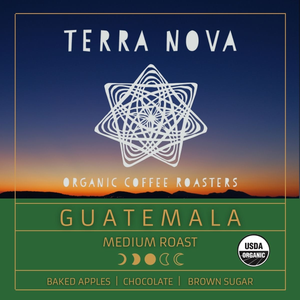 Terra Nova's organic single-origin coffee from Guatemala. Full-bodied, complex, and buttery with hints of cacao and wine. A sensory delight from start to finish. This medium roast has tasting notes of baked apples, chocolate, and brown sugar. 