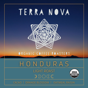 Terra Nova's organic coffee from Honduras. Well-balanced and smooth with clean and sweet aromas. Some of the finest high-grown coffee in the world. This light roast has tasting notes of cocoa, orange blossom, and oatmeal raisin. 