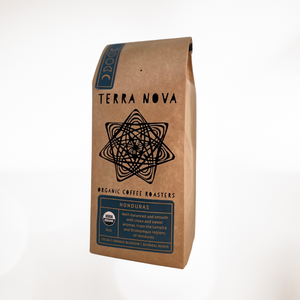 Terra Nova's organic Honduras Light Roast. Well-balanced and smooth with clean and sweet aromas. Some of the finest high-grown coffee in the world. This light roast has tasting notes of cocoa, orange blossom, and oatmeal raisin.