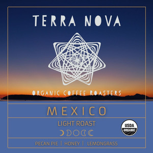 Terra Nova's organic coffee from Mexico is bright and clean with a medium body and sweet notes of fruit and nut. Crisp, smooth, and satisfying. This light roast has tasting notes of pecan pie, honey, and lemongrass