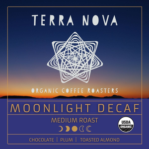 Terra Nova's organic Moonlight Decaf coffee. A fragrant, complex, and full-bodied brew with a subtle mocha finish. A water processed blend of light and dark roasts. This medium roast has tasting notes of chocolate, plum, and toasted almond. Formerly known as Magical Mocha decaf.
