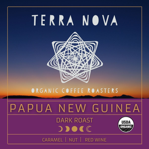 Terra Nova's organic coffee from Papua New Guinea is a great introduction to dark roasts. It is round bodied and savory with honeyed aroma and citrus undertone. This dark roast has notes of caramel, nut, and red wine. 
