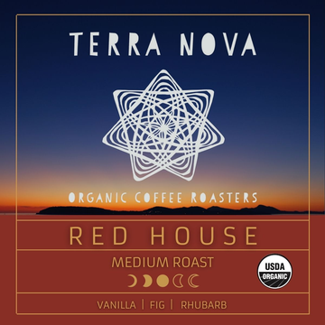 Terra Nova's Red House is our signature house blend, always offered as a drip coffee in our cafe in Keene, New Hampshire. It's balanced and smooth with medium body and a rich, mellow flavor. A medium roast with notes of vanilla, rhubarb, and fig.