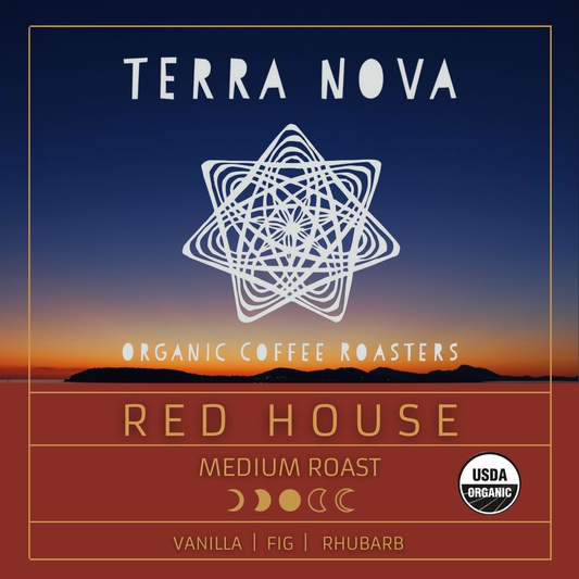 Terra Nova's Red House is our signature house blend, always offered as a drip coffee in our cafe in Keene, New Hampshire. It's balanced and smooth with medium body and a rich, mellow flavor. A medium roast with notes of vanilla, rhubarb, and fig.