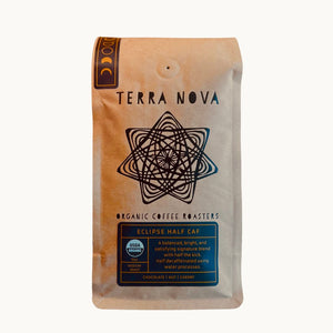 Eclipse Half-Caf: all of the flavor, half of the kick. We combine green arabica beans from Indonesia and Mexico, half caffeinated and half decaffeinated using the Swiss Water® Process, then bring them to the perfect medium roast together, producing a nutty, chocolaty, and bright alternative to fully-caffeinated coffee.