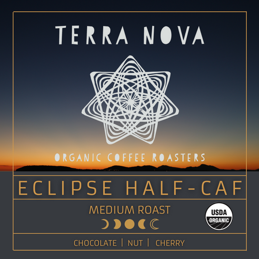 Eclipse Half-Caf is a balanced, bright, and satisfying signature blend with half the kick. Half decaffeinated using the Swiss Water® Process. 