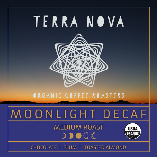 Moonlight Decaf is fragrant, complex, and full-bodied with a subtle mocha finish. A blend of light and dark roasts. Swiss Water® Processed. 